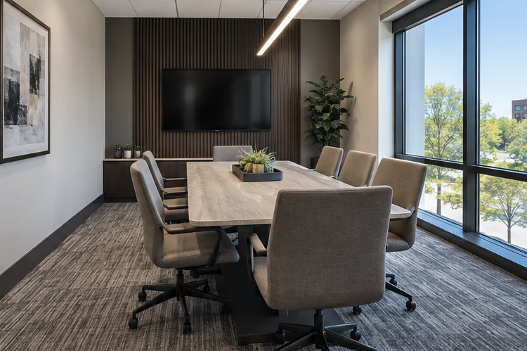 Finished office meeting room with carpet flooring and architectural detailing