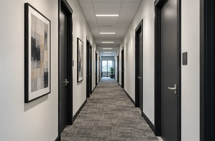 Bright commercial corridor with painted walls and dark door frames