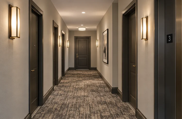 Warm multifamily corridor with refined walls, doors and carpet