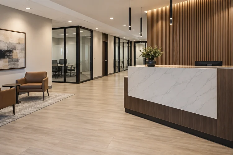 Contemporary commercial reception and lobby with coordinated finishes